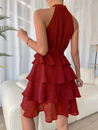 Hanging Neck Stitching Sleeveless Ruffled Waist and Tie Elegant Cake Dress