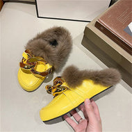 Metal Chain Lazy Slippers with Faux Fur