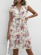 Summer V-neck Waist Floral Tie Waist Slim Dress