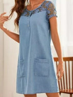 Light Blue Denim Mid-length Lace Stitching Dress