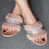 Plus Size Plush Slippers One Word Flat Women's Rhinestone Fur Slippers