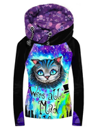 Cat Head Digital Print Hooded Long Sleeve Slim Women's Sweatshirt