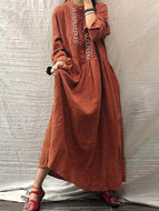 Cotton and Linen Embroidered Vintage Long Sleeve Maxi Dresses