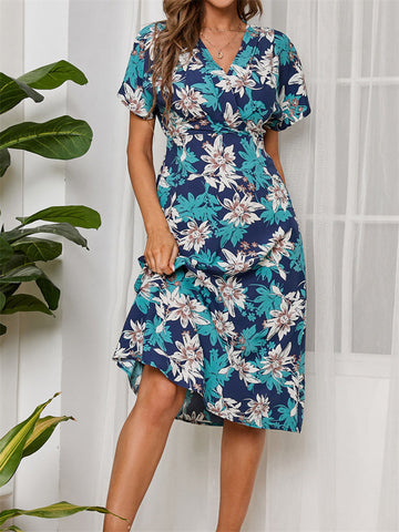 Chiffon V Neck Short Sleeve Swing Print Dress Cute Style Ladies Mini Skirt