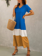 Summer New Style Stitching Contrast Color V-neck Short-sleeved Long Dress