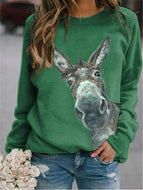 Donkey Head Printed Round Neck Long Sleeve Women's T-Shirt