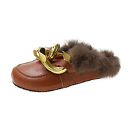 Metal Chain Lazy Slippers with Faux Fur