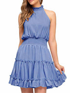 Women Solid Color Sleeveless Halterneck Pleated Waist Slim Cake Dress