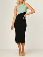 Cutout Panel Contrast Rib Knit Crew Neck Sleeveless Elegant Dress