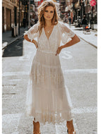 White V-Neck Short Sleeve Lace Dress Big Swing Patchwork Long Dresses For Women