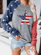 Loose Round Neck Printed Long-sleeved Color Block Sweatshirt