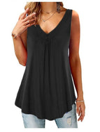 Solid Color V-neck Pleated Button Sleeveless Loose Vest