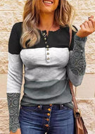 Lace Hollow Out Splicing Color Block Button Blouse