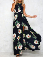 Sleeveless Hollow Backless Vintage Flower Dress Double Layer Opaque Long Maxi Skirt