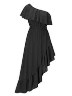 French Vintage Prom Dress Irregular Hem Sloping Shoulder Ruffle Midi Dresses