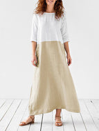 Cotton and Linen Stitching Dress Round Neck Three-quarter Sleeve Skirt