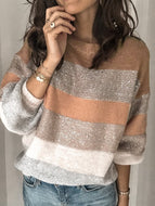 Women's Casual Loose Round Neck Multicolor Stitching Sweater