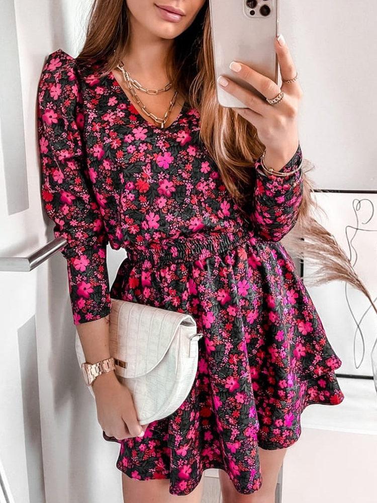 Printed V-neck Elegant Dress