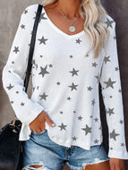 Star V-neck Printed Casual Long-sleeved T-shirt