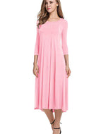 Women Comfortable Loose Round Neck Mid Sleeve Solid Color Swing Midi Dresses