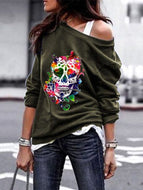 Round Neck Sweater Women's Skull Print Halloween Blouse