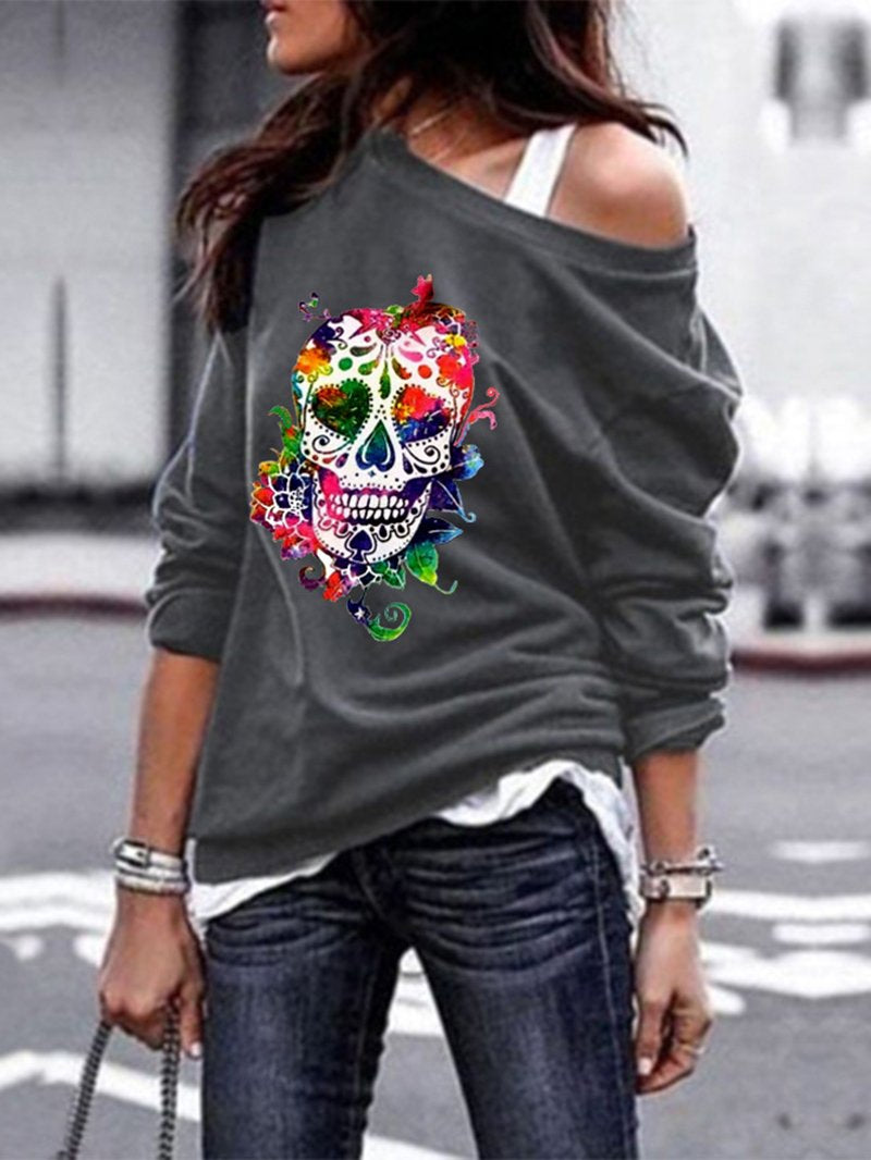 Round Neck Sweater Women's Skull Print Halloween Blouse