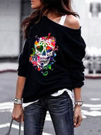 Round Neck Sweater Women's Skull Print Halloween Blouse