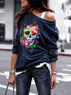 Round Neck Sweater Women's Skull Print Halloween Blouse