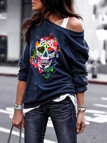 Round Neck Sweater Women's Skull Print Halloween Blouse