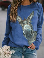 Donkey Head Printed Round Neck Long Sleeve Women's T-Shirt