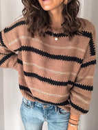 Women's Fashion Casual Metallic Striped Round Neck Knitted Sweater Shirt