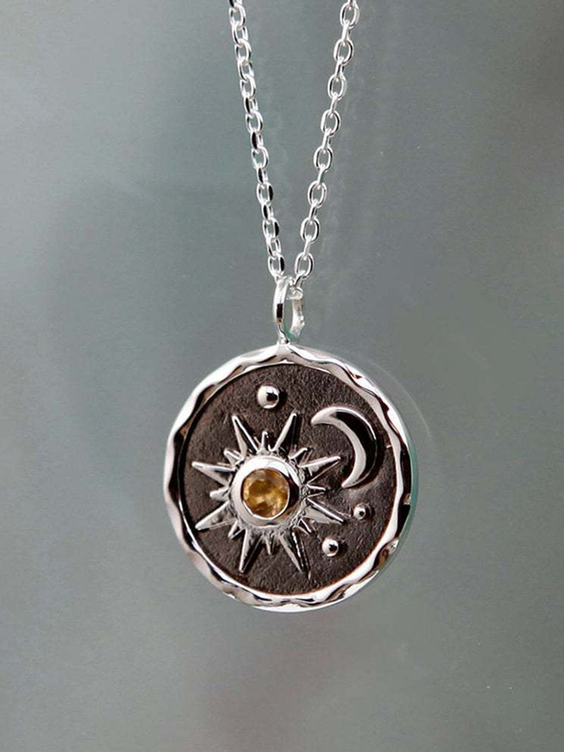 Vintage silver sun moon zircon necklace