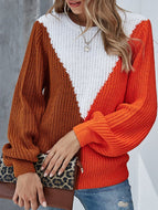 Women's Loose Stitching Contrast Color Knitted Round Neck Sweater