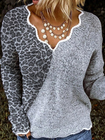 New Casual Leopard Print Color-blocking Printing Irregular V-neck Knitted Tops