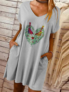 Women's Heart Print Pocket Loose V-Neck Dress