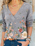 V-neck Long Sleeve Printed T-shirt Top