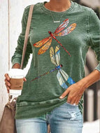 Autumn Dragonfly Print Round Neck Leisure Long Sleeve Sweatshirt