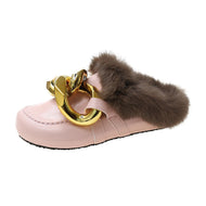 Metal Chain Lazy Slippers with Faux Fur