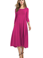 Women Comfortable Loose Round Neck Mid Sleeve Solid Color Swing Midi Dresses