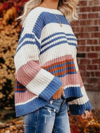 Autumn/Winter New Striped Stitching Loose Round Neck Sweater