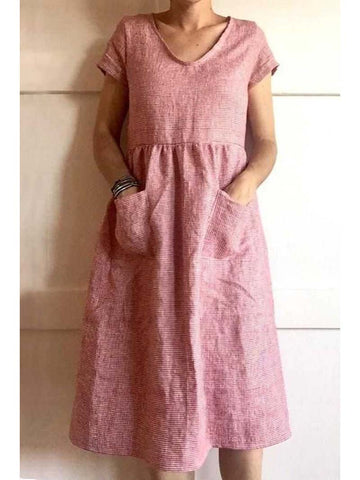 Vintage V-neck Pockets Short Sleeve Midi Dress