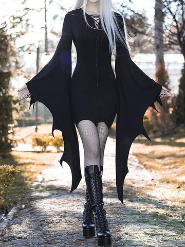 Halloween solid color wide-sleeved tie dress