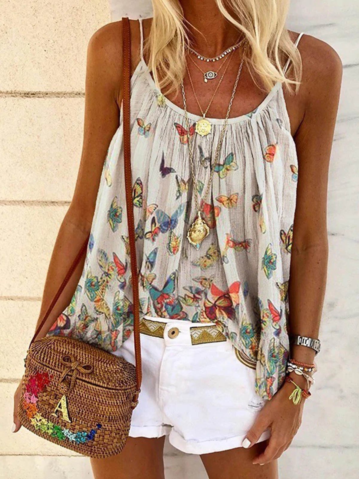 Butterfly Printed Camisole Top Loose Vest