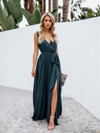 Sexy Sleeveless V-Neck Party Dress Mid-Rise Long Dress Tie Bow Robes