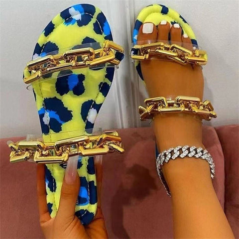 Large Size Slippers Women's Metal Chain Decoration Color Matching Women's One Word Outer Wear Sandals Women