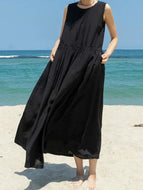 Cotton Linen Casual Pocket Solid Color Sleeveless Long Hem Dress