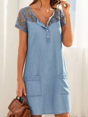 Light Blue Denim Mid-length Lace Stitching Dress