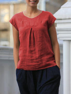 Round neck casual cotton and linen  top