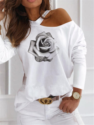 Roses Hanging Neck Long Sleeve Sexy Strapless T-shirt