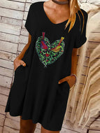 Women's Heart Print Pocket Loose V-Neck Dress